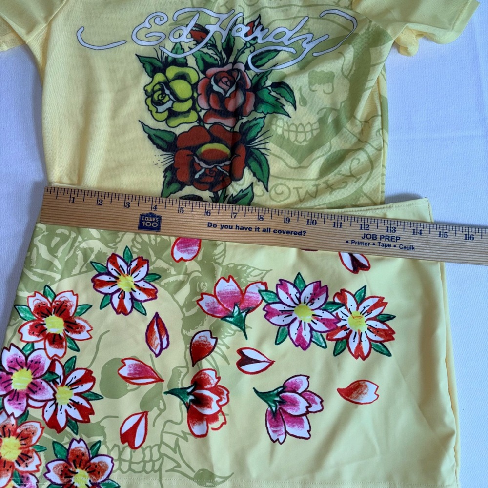 Ed Hardy Skirt Set Yellow New Tattoo Mesh Rhinestone Y2K 2 Piece Top Mini Skirt - Picture 9 of 11